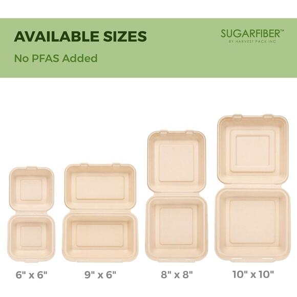 50 Pack 8x8 Compostable Clamshell Food Containers PFAS Free Bagasse Hinged Box - Picture 6 of 10